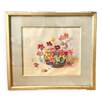 Large framed watercolor painting late 19th century basket of flowers motif