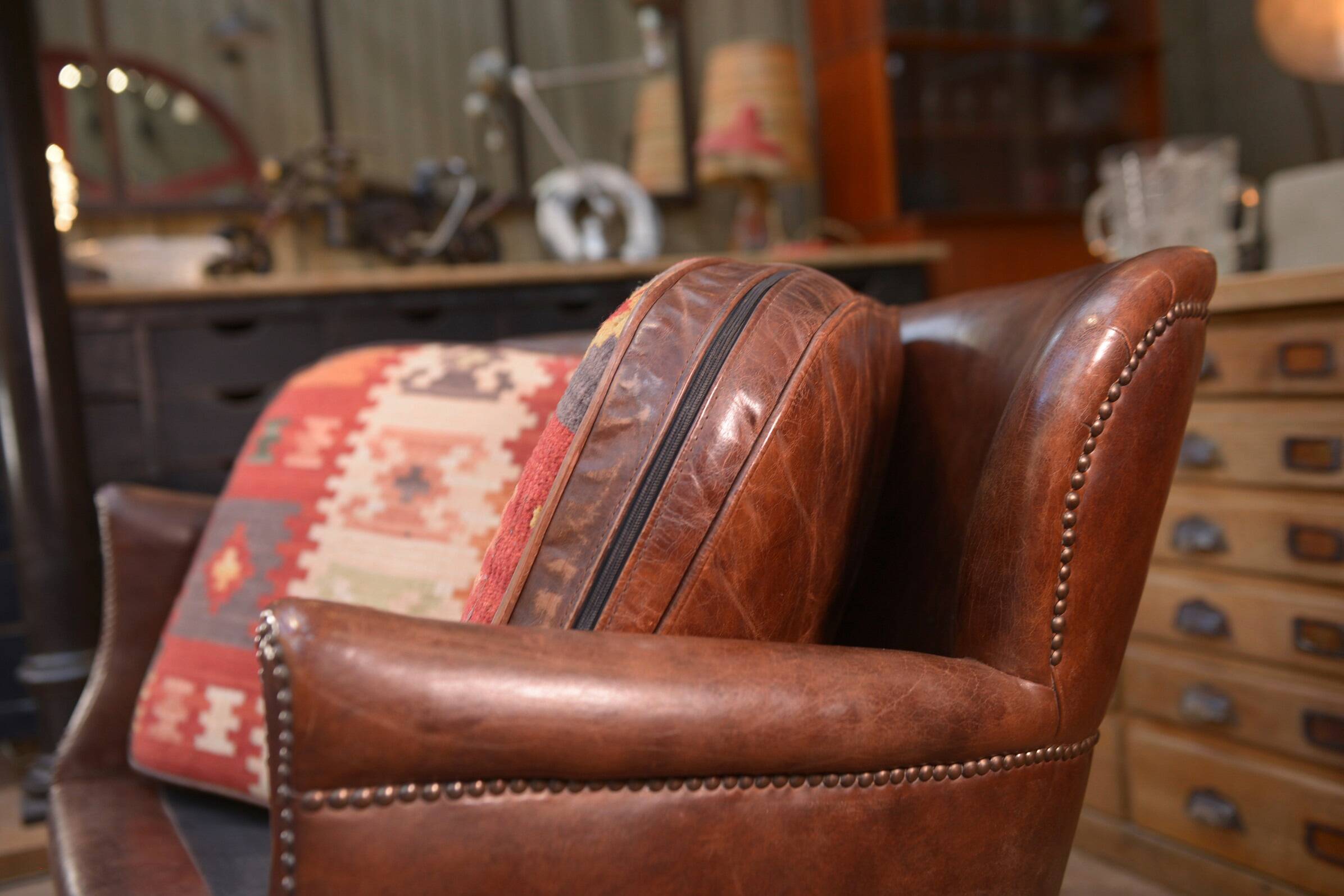 Small Vintage Bench Sofa Studded Leather Sofa 1970s