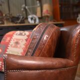 Small Vintage Bench Sofa Studded Leather Sofa 1970s