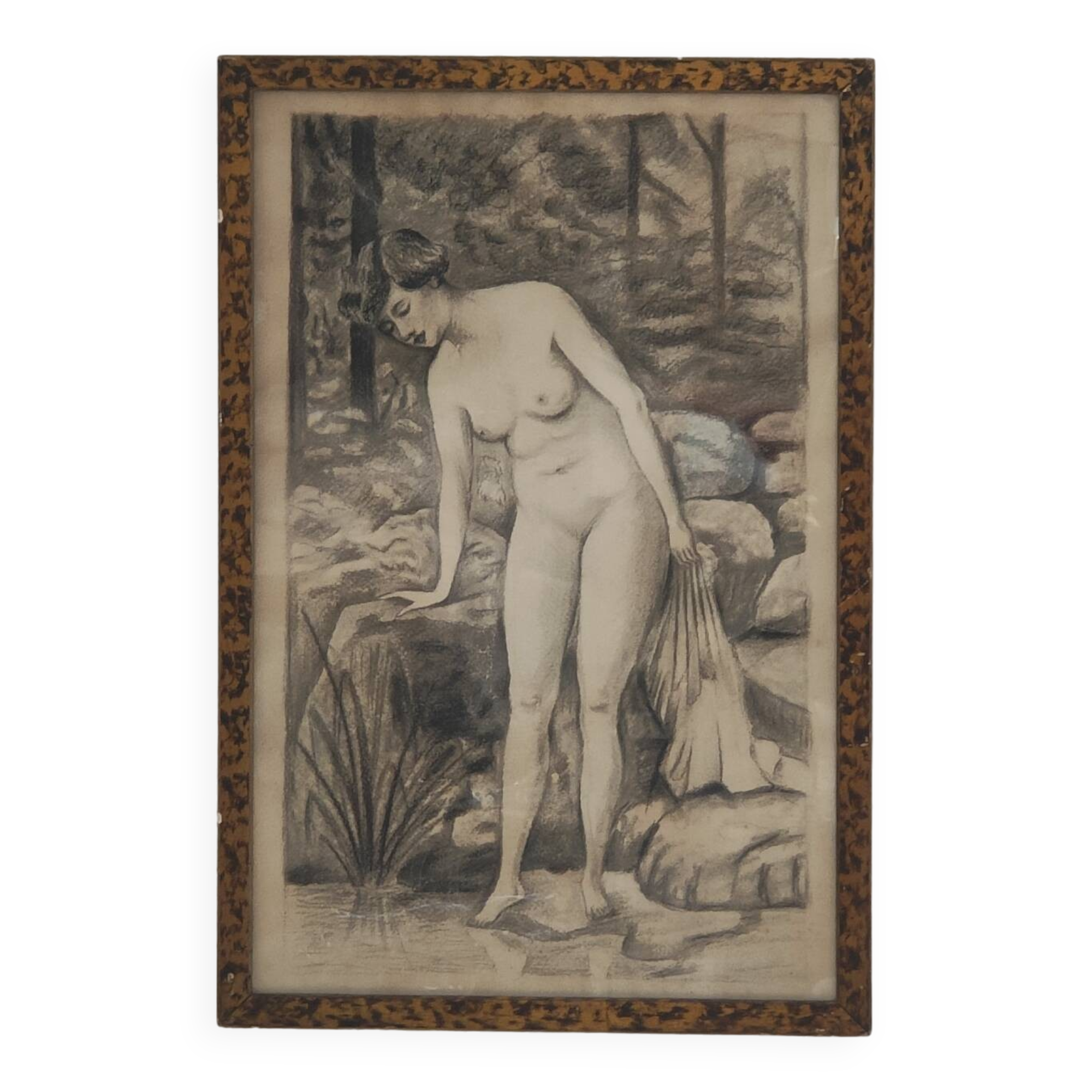 Fusain Femme nue estampe encadrée