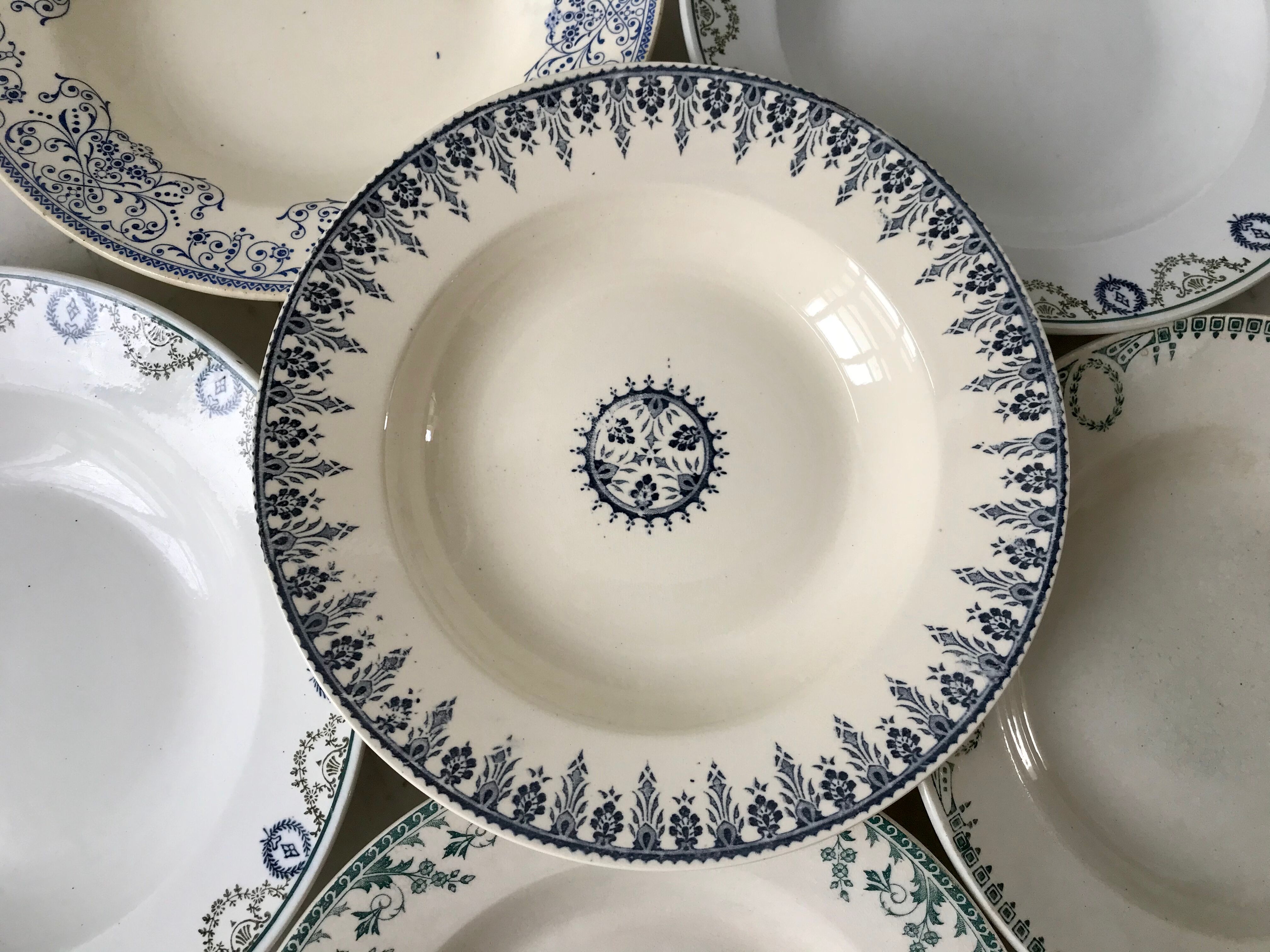 Set of 6 hollow plates Terre de Fer mismatched late nineteenth