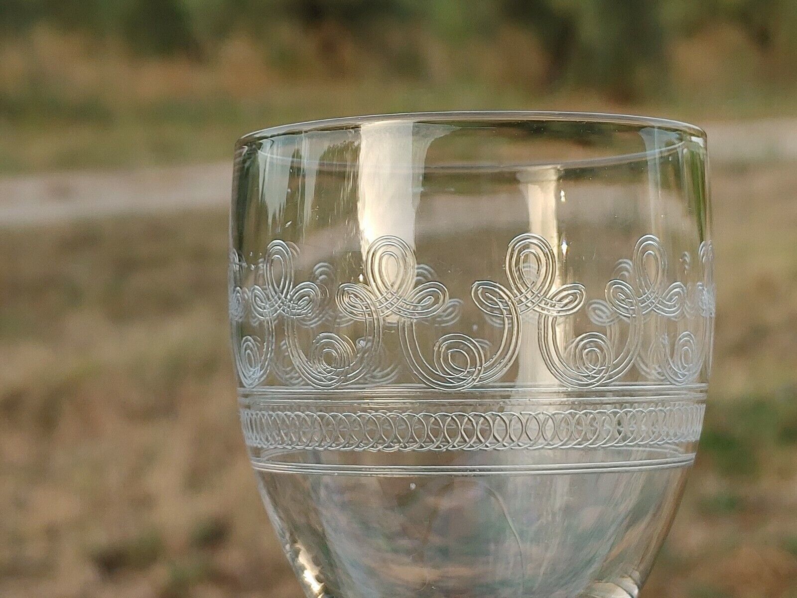 8 old white wine glasses engraved with a frieze late 19th early 20th