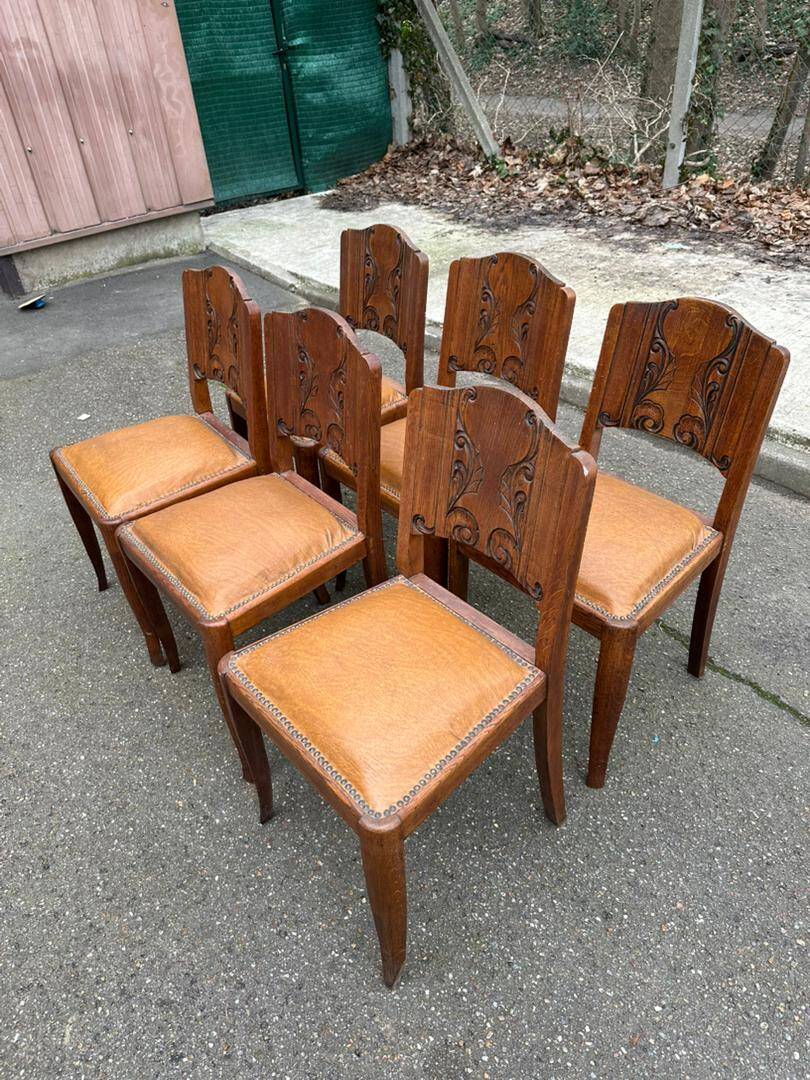 6 Art Deco gondola chairs in solid oak with brown leatherette, 1930s.