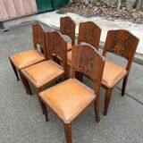 6 Art Deco gondola chairs in solid oak with brown leatherette, 1930s.