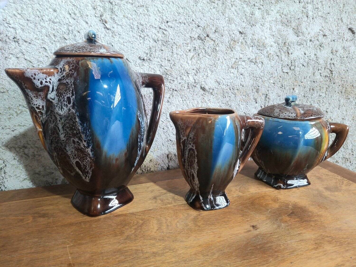 Art Deco coffee service Vallauris cobalt blue flambe glaze – 15 pieces