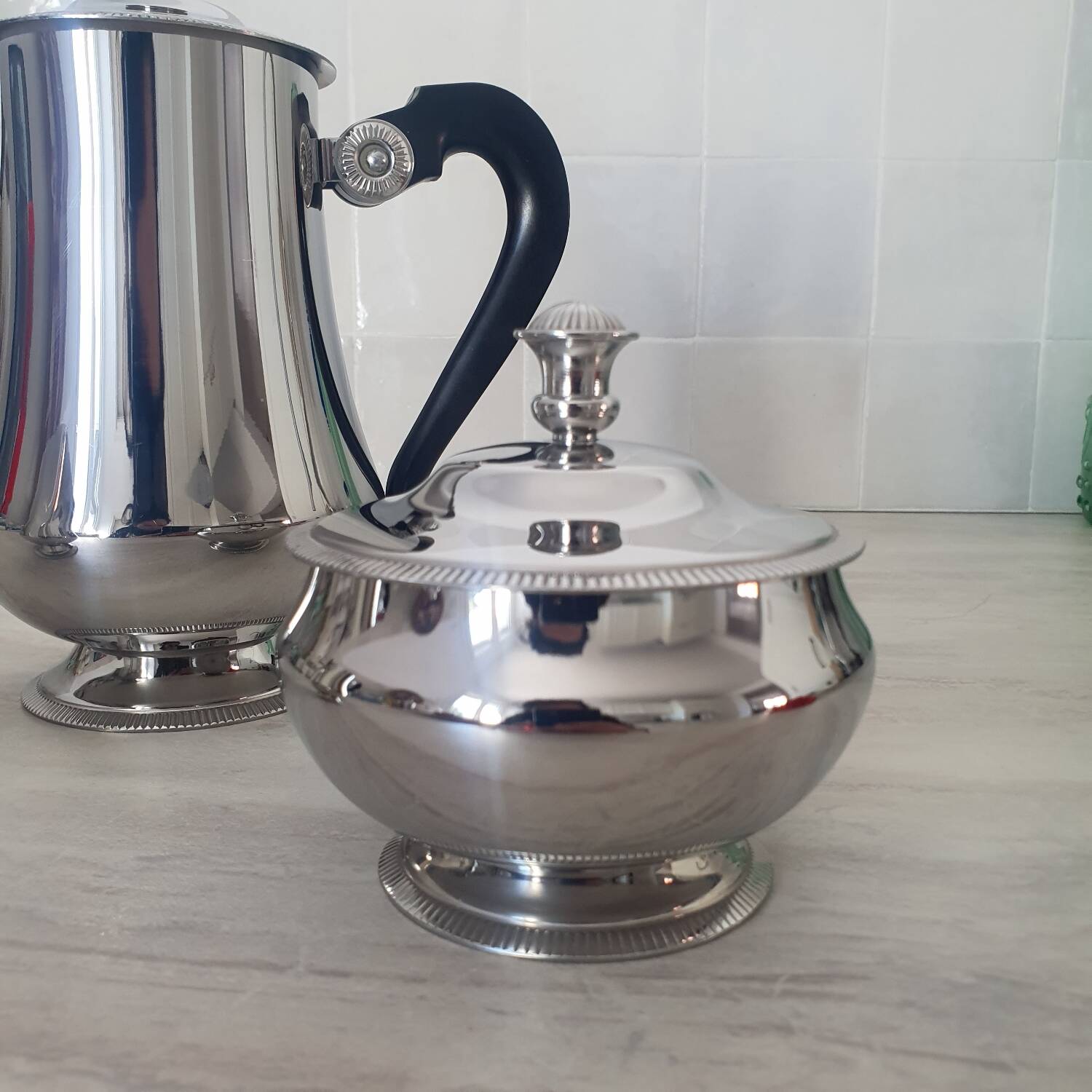 Rémy Letang / Teapot, milk jug and sugar bowl in 18/10 stainless steel and Bakelite