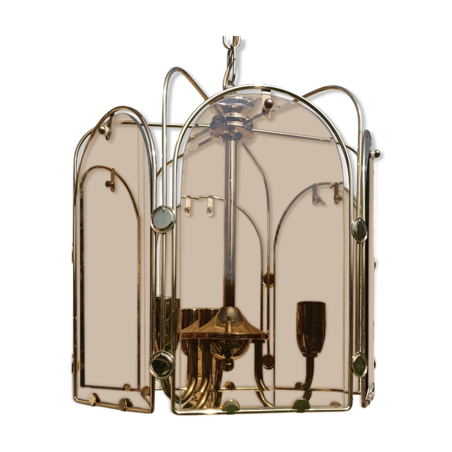 Gilded brass and smoked glass luminaire