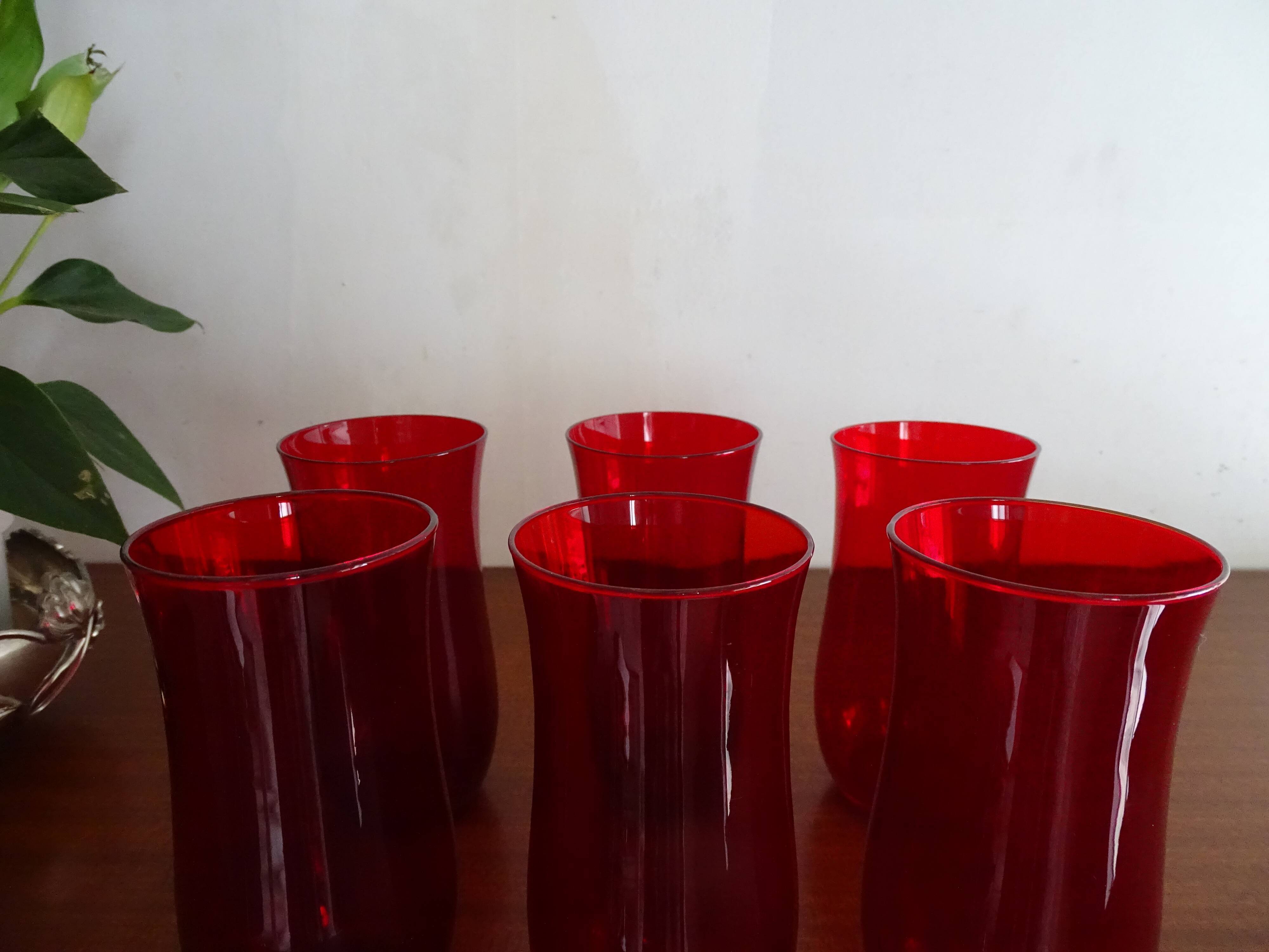 6 water glasses blown glass vintage ruby red 1960