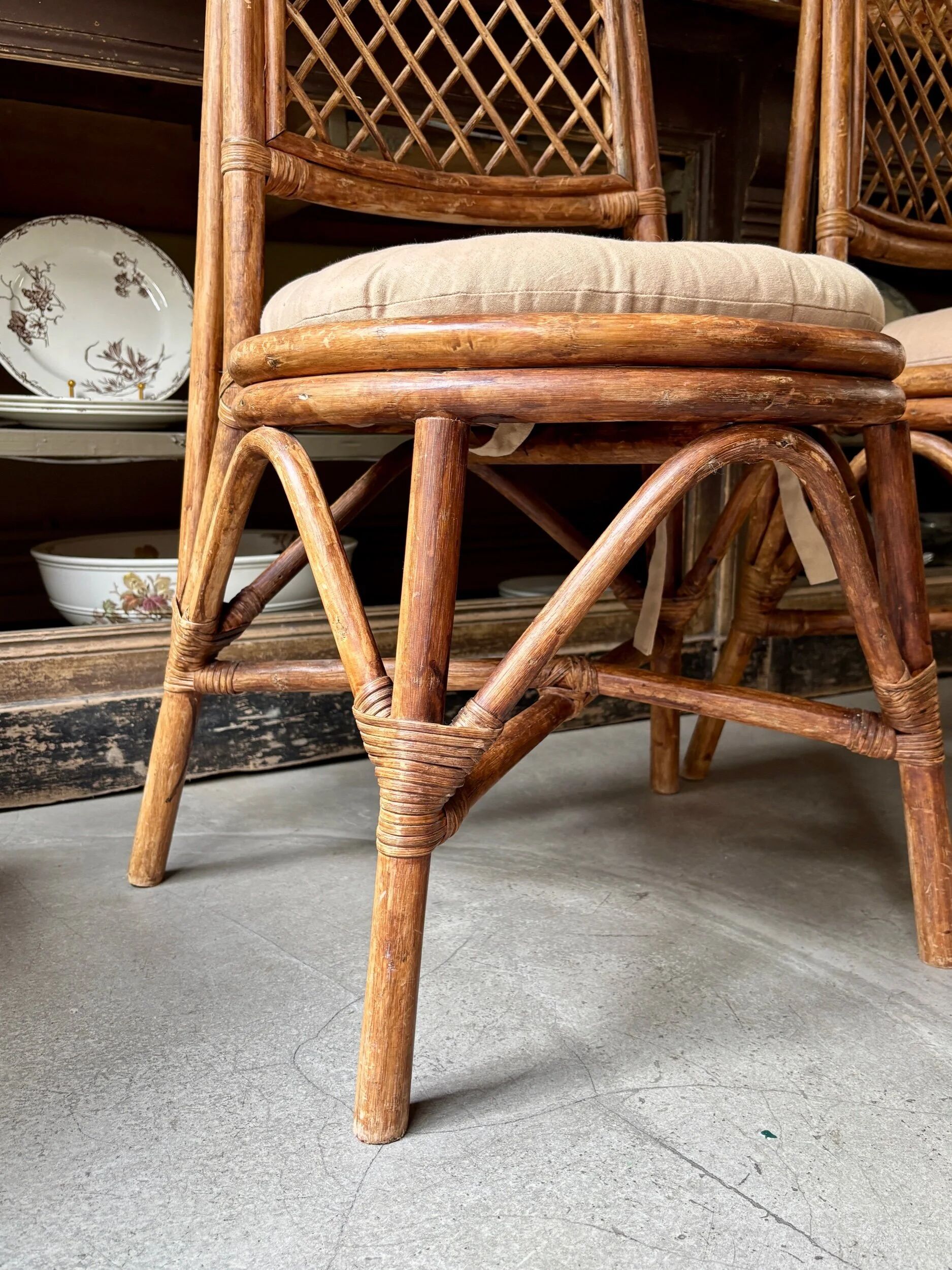 4 bent bamboo and rattan chairs