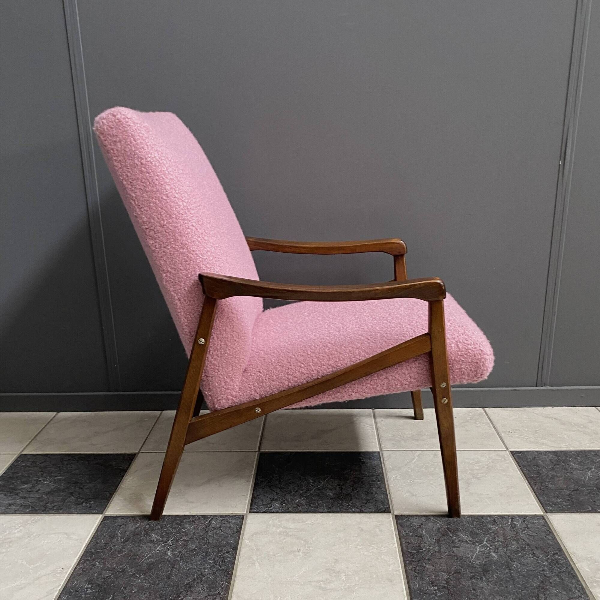 Pink arm chair by Jiri jiroutek 1960s reupholstered in boucle pink