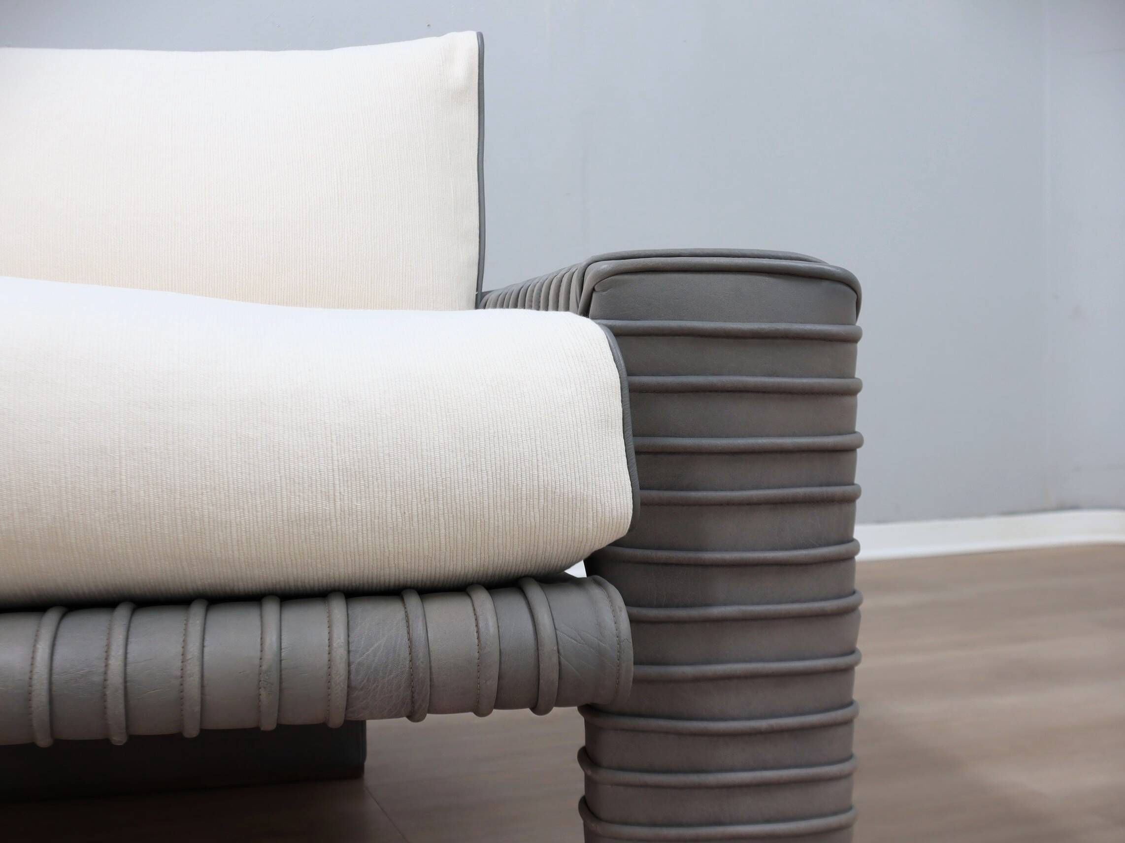 Marzio Cecchi armchair in ribbed Leather and goose down cushions 1970s