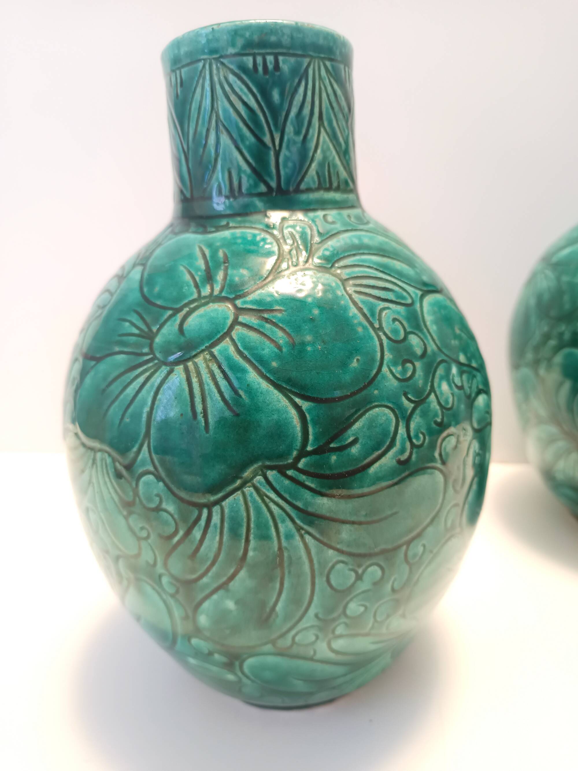 Pair of Handcrafted Green Ceramic Vases by Fanciullacci, Italy
