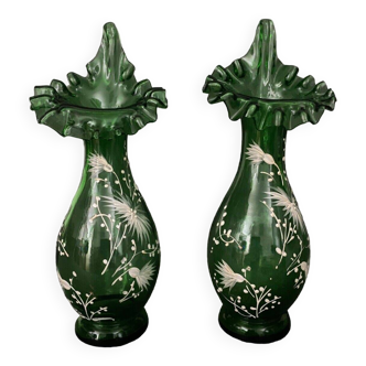 Pair of Marie Gregory vases in green color with enameled floral decoration 1900