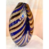 Artistic Italian vase in beige hand-made Murano glass with blue and brown R.