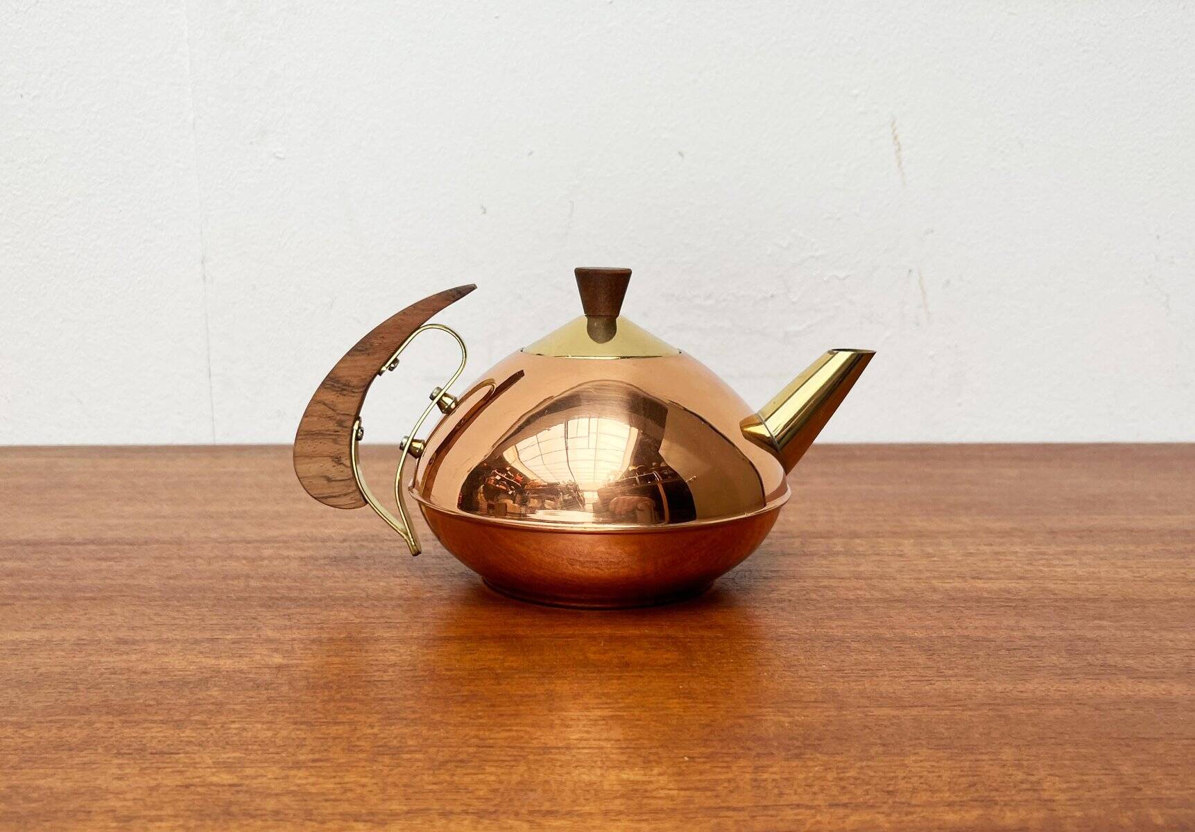 Metal and teak teapot from the mid-century, 1960s.