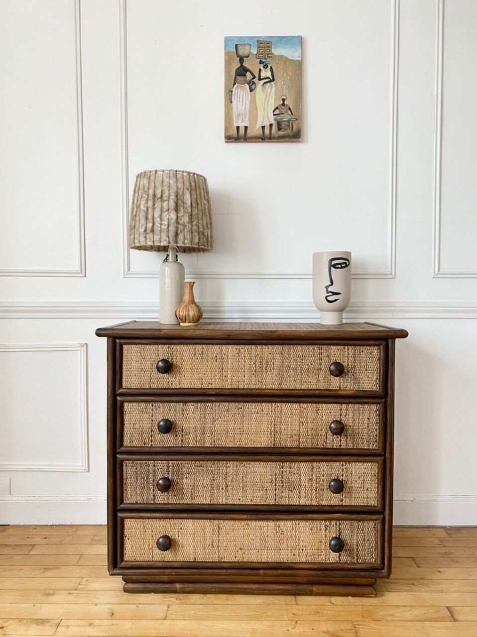 Rattan chest of drawers, Maugrion 1960