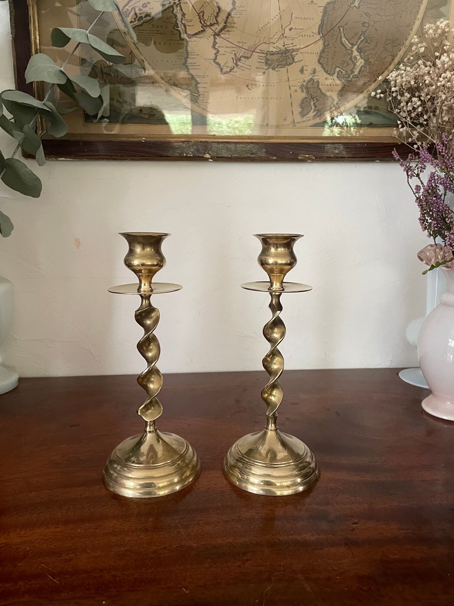 Pair of twisted brass candle holders