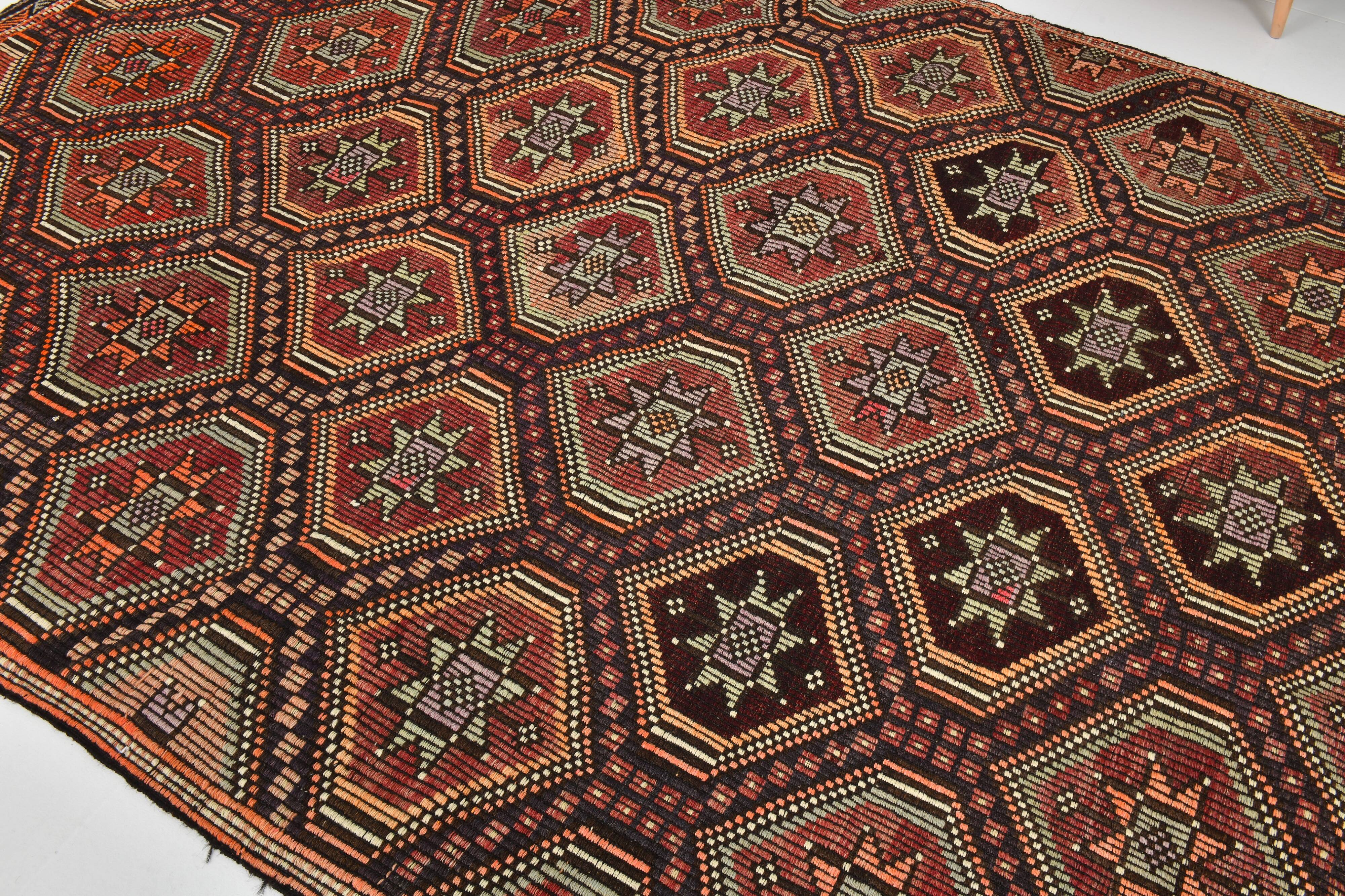 7x11 Kilim Dark Brown Large Area Handwoven Kilim Rug, 218x320 Cm