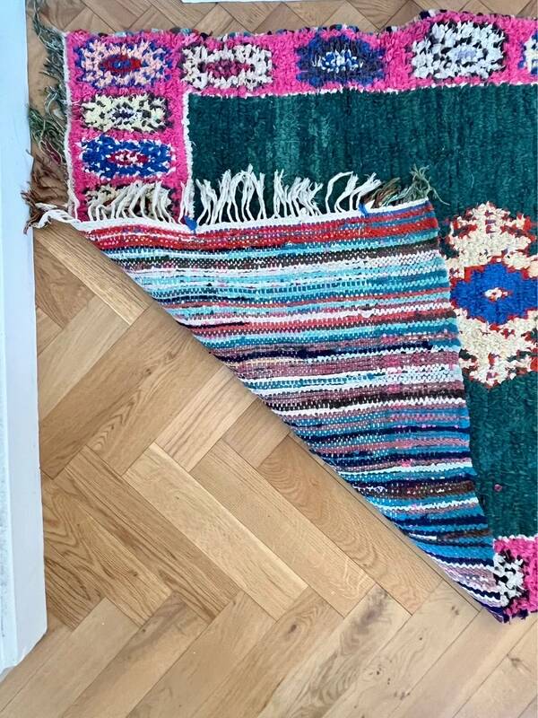 Berber boucharouite rug in emerald green