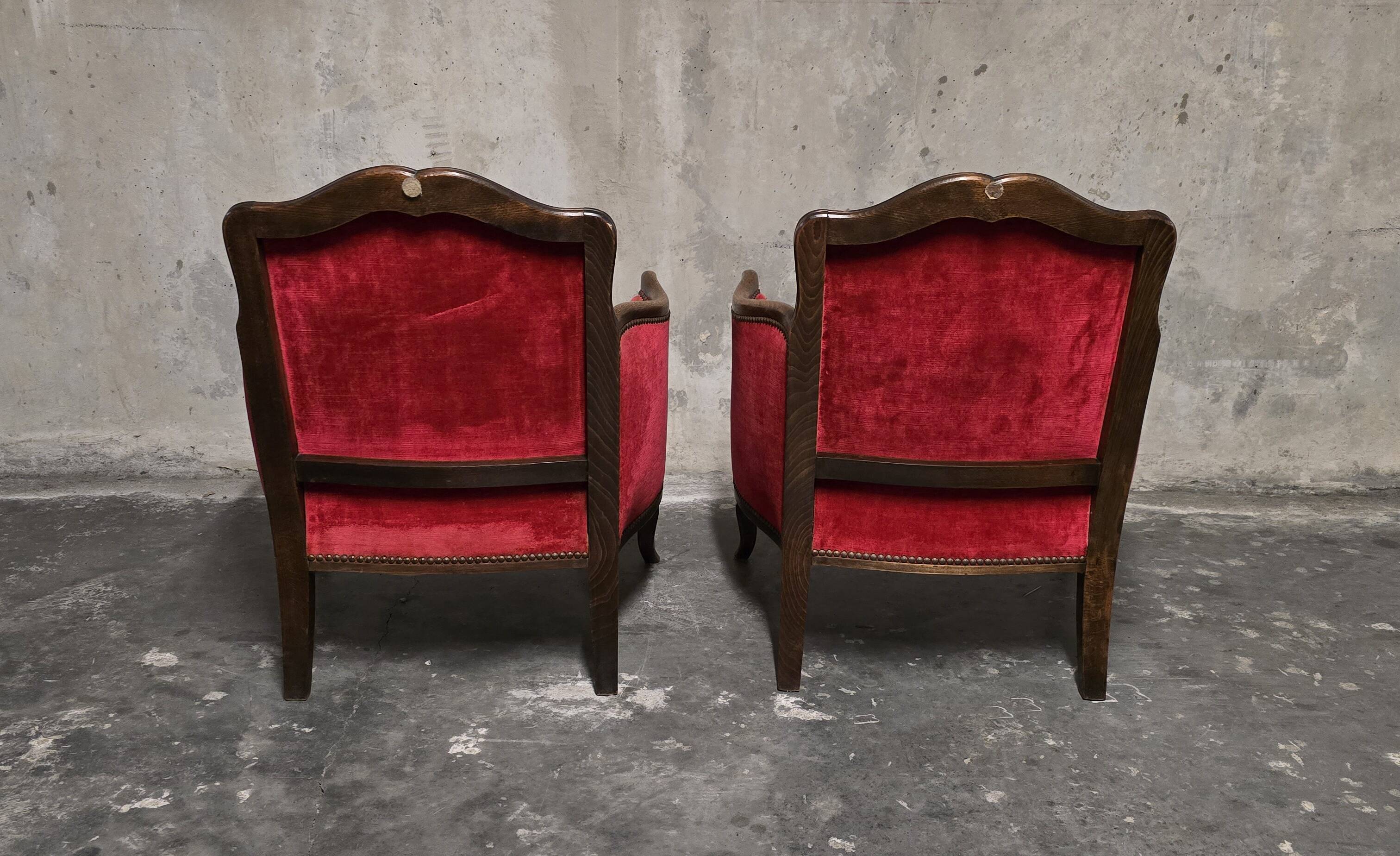 Pair of Louis XV style bergère armchairs in red velvet.