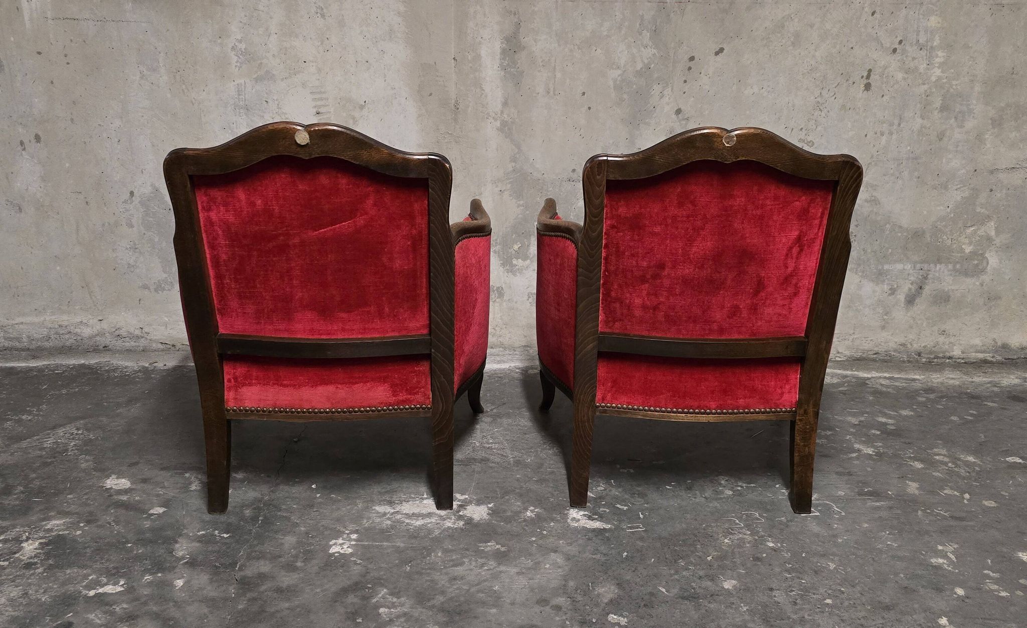 Pair of Louis XV style bergère armchairs in red velvet