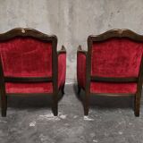 Pair of Louis XV style bergère armchairs in red velvet.