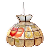 Vintage suspension in mother-of-pearl and brass with fruit decoration – retro light fitting from the 70s.