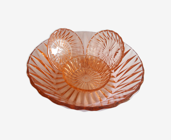Saladier avec coupelles en verre rose
