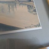 Watercolor signed 1949 framed magnifying glass