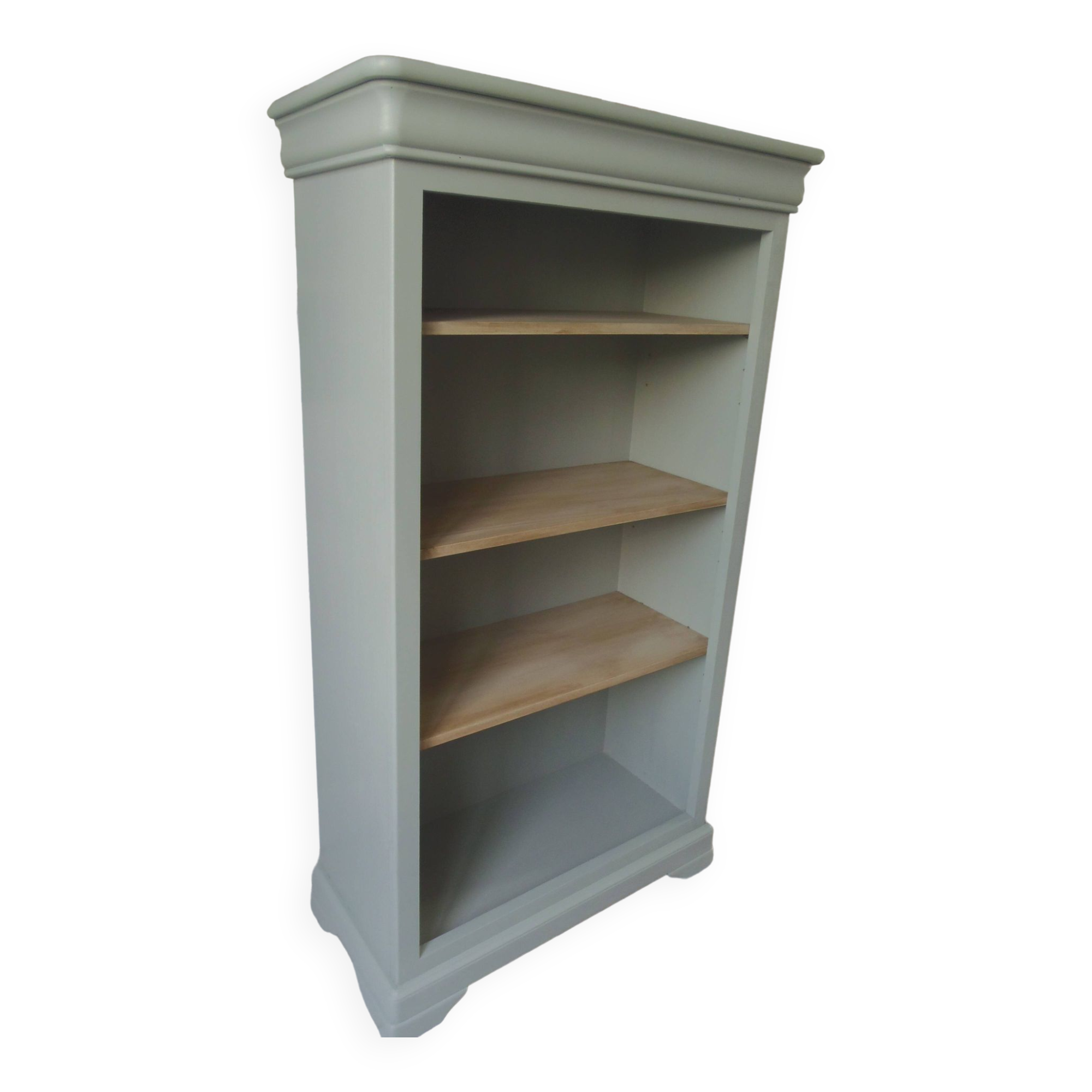 Louis Philippe style bookcase reenchanted in verdigris, 3 light oak waxed shelves.