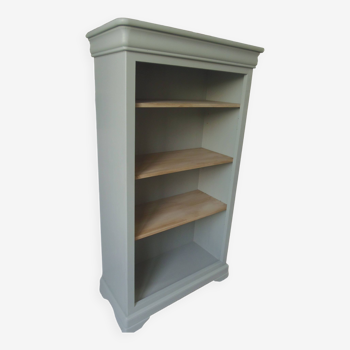 Louis Philippe style bookcase reenchanted in verdigris, 3 light oak waxed shelves.