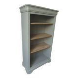 Louis Philippe style bookcase reenchanted in verdigris, 3 light oak waxed shelves.