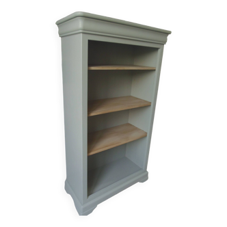 Louis Philippe style bookcase reenchanted in verdigris, 3 light oak waxed shelves.