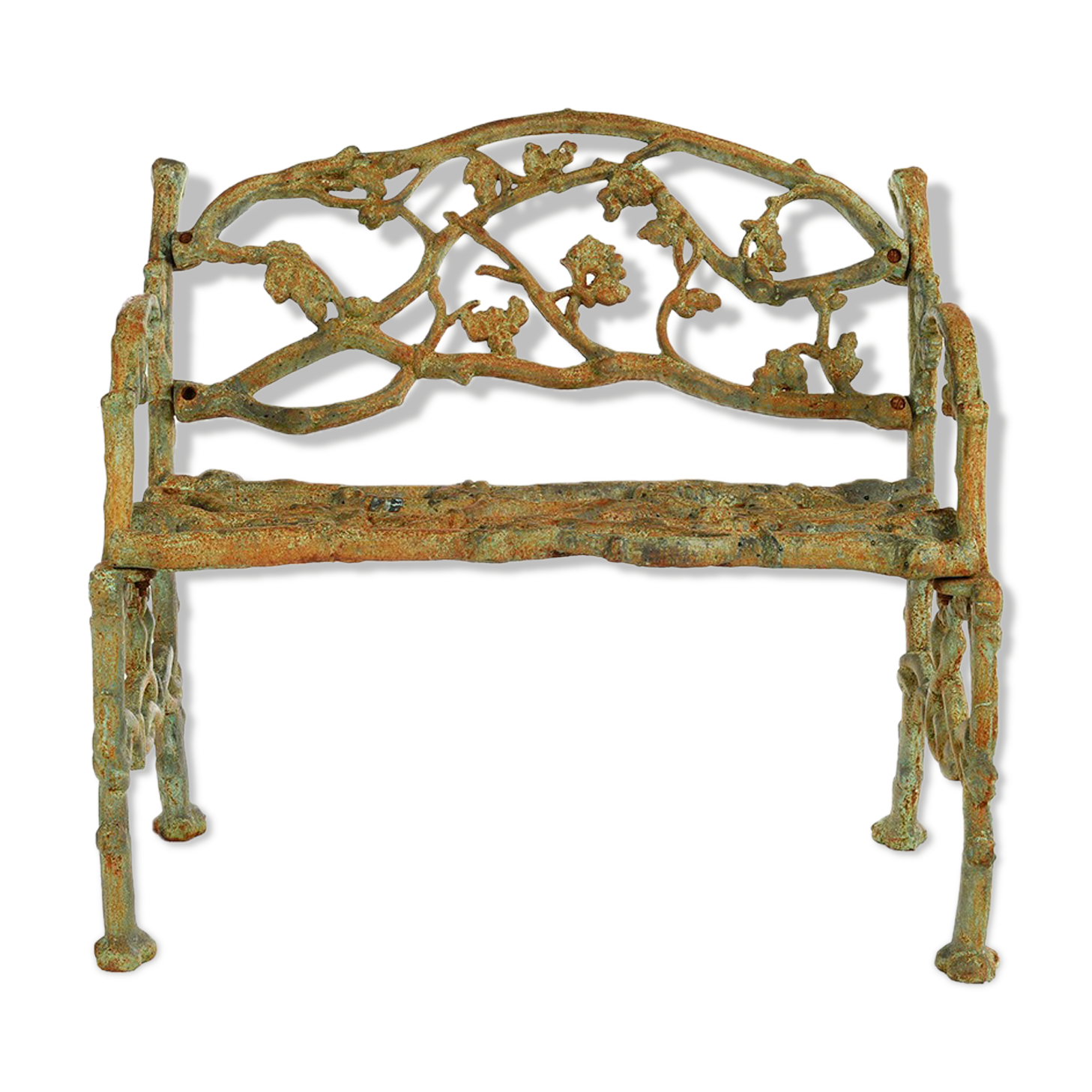 Green cast iron bench with green patina