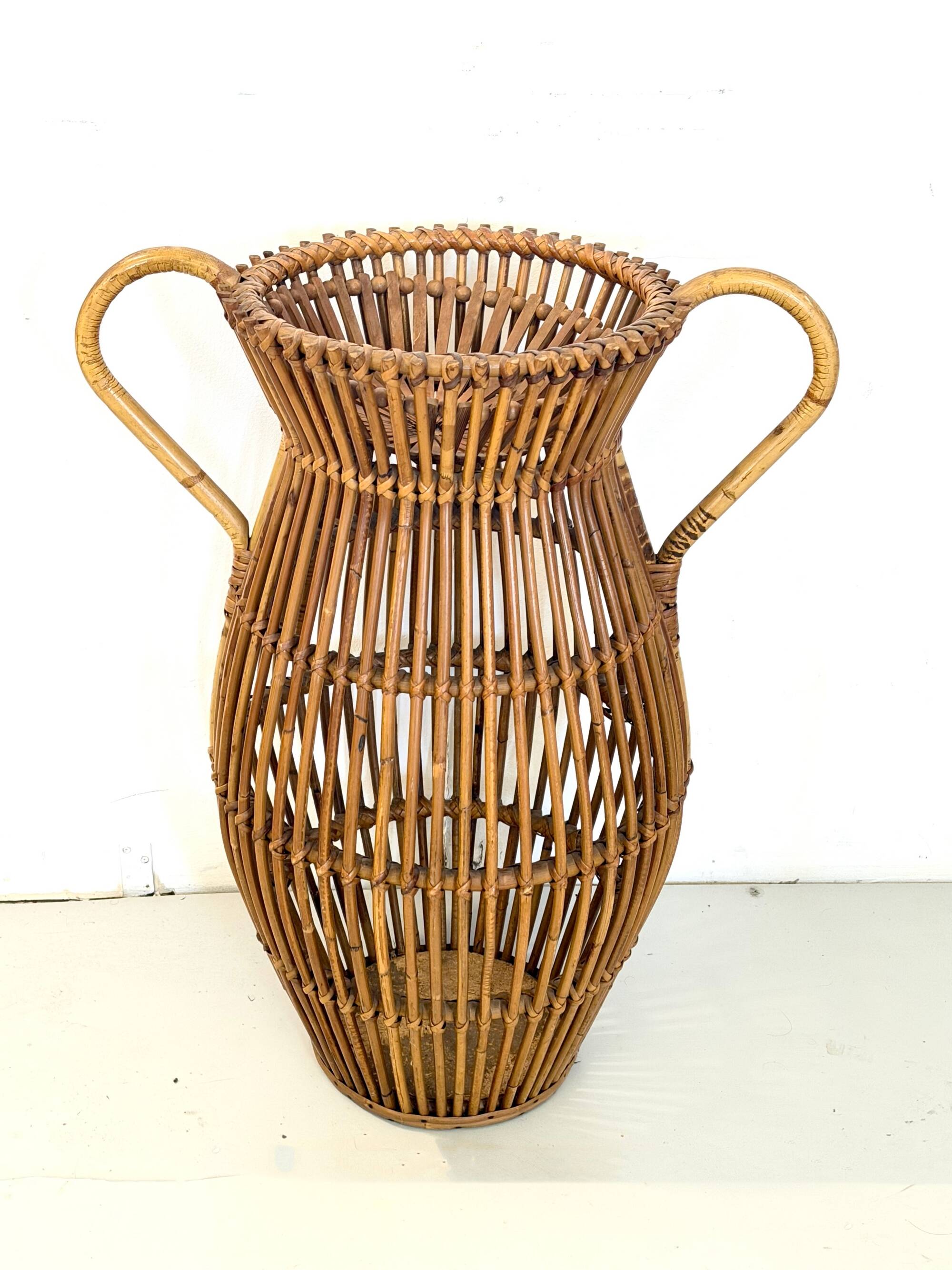 Vintage Wicker and Bamboo Amphora Umbrella Stand , Italy