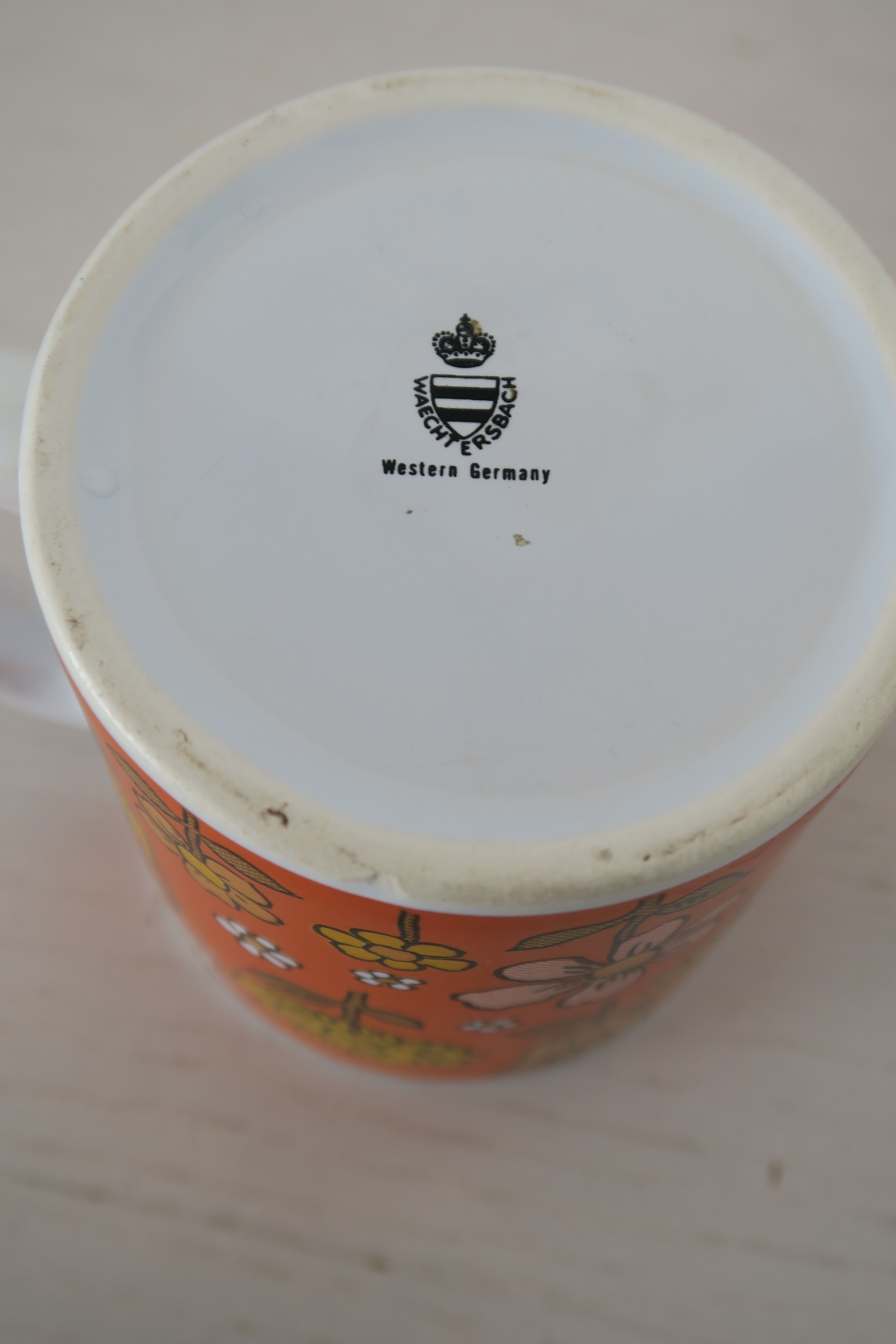 3 Mugs thick porcelain handle 1970 orange flowers Waechtersbach Germany