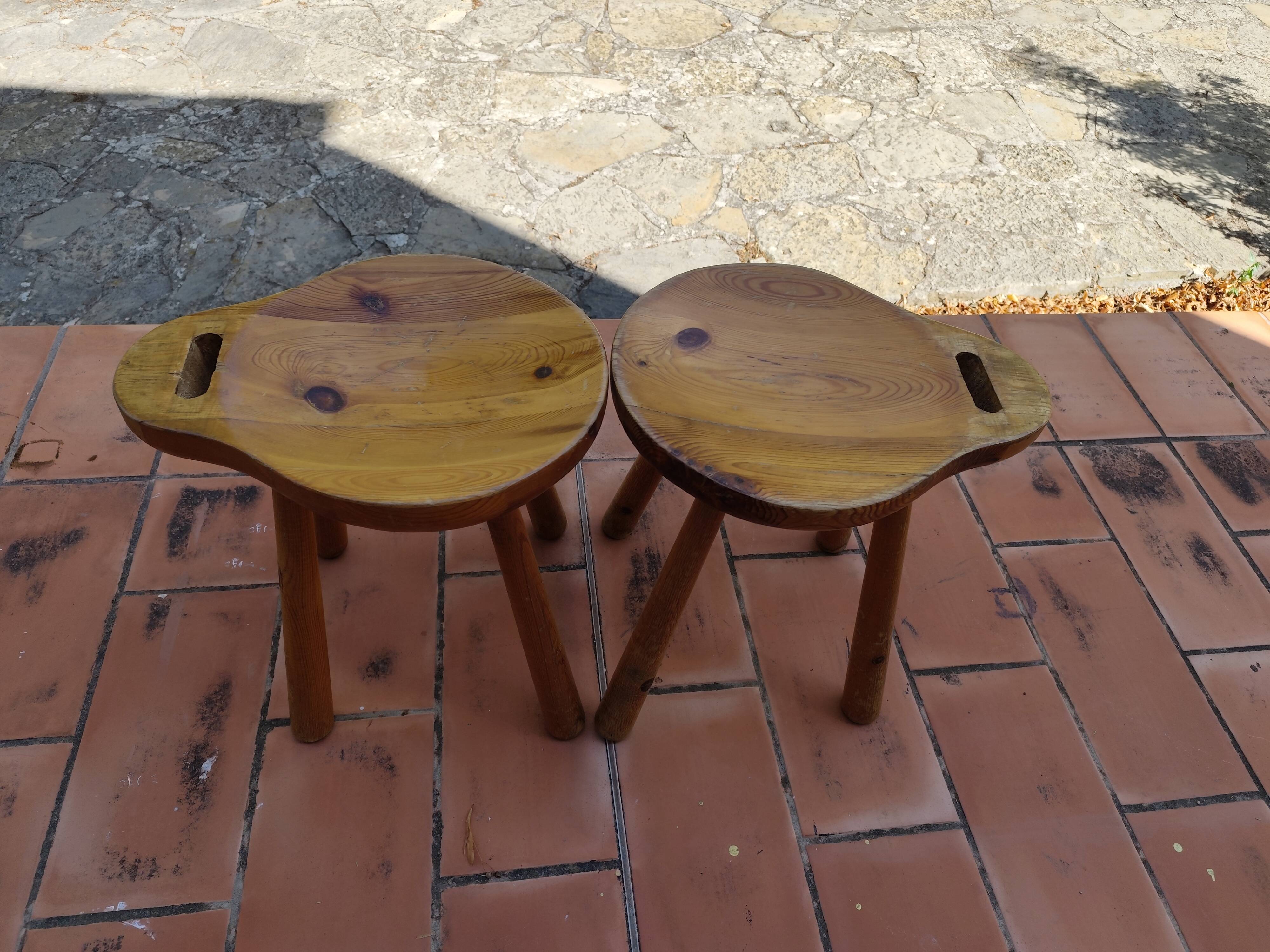 Pair of vintage 1960s solid pine ovoid Scandinavian stools