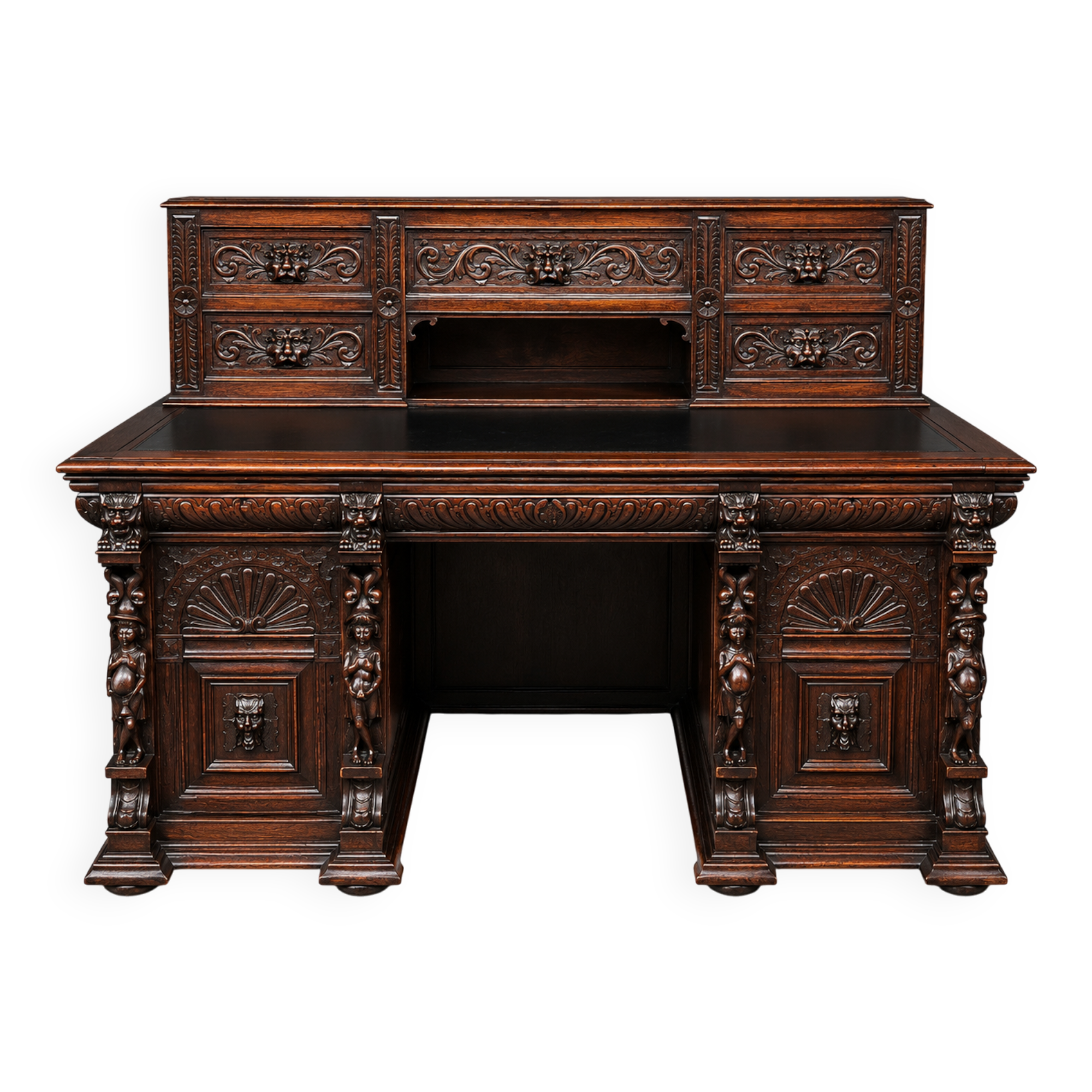 Old Renaissance style desk. Solid oak. France. Late 19th century.