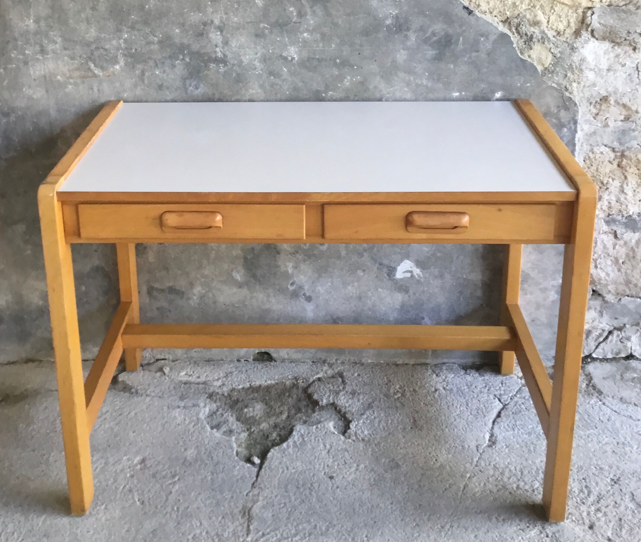 Vintage desk with 2 pine drawers and laminate coating
