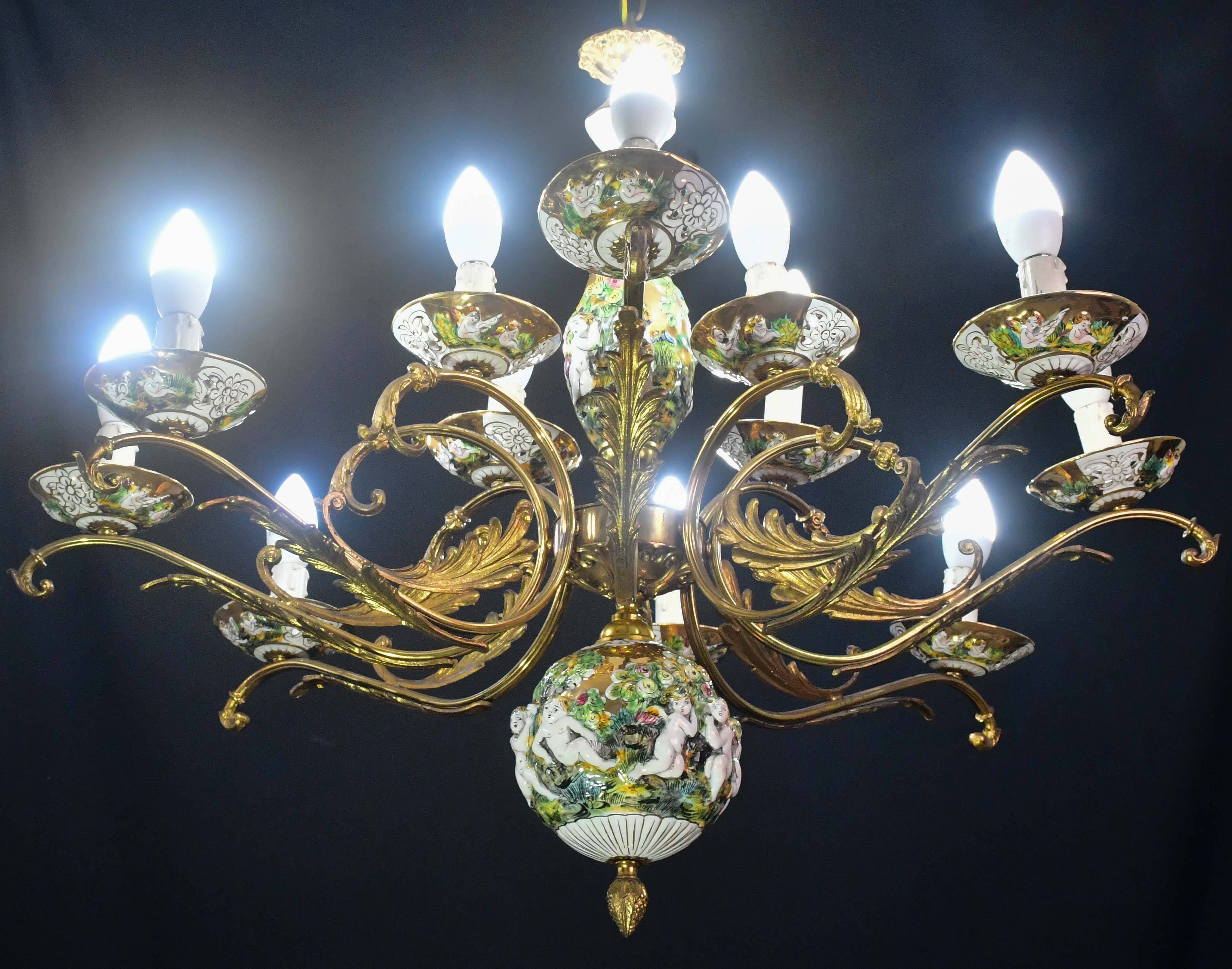 Manila, large size 12 light Italian vintage ceramic chandelier, 1960