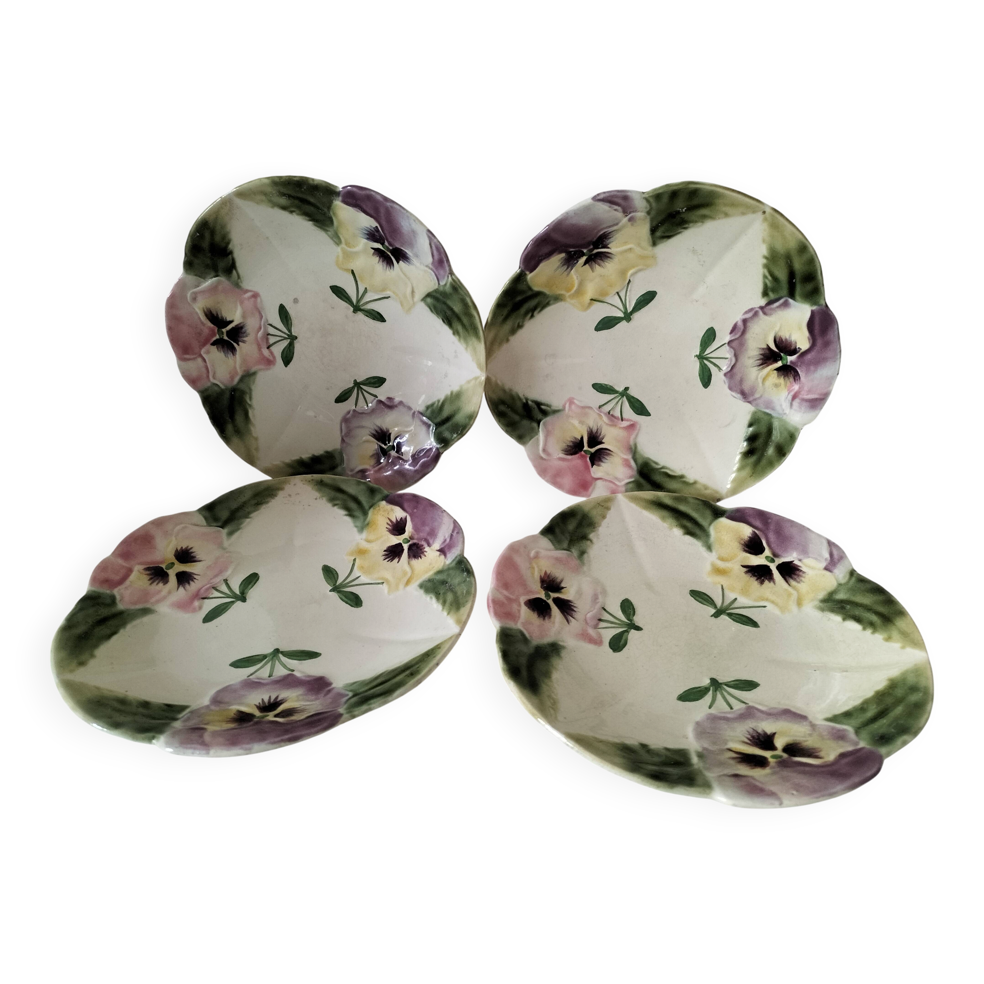 4 barbotine plates with pansies H. Boulenger Choisy-le-Roi