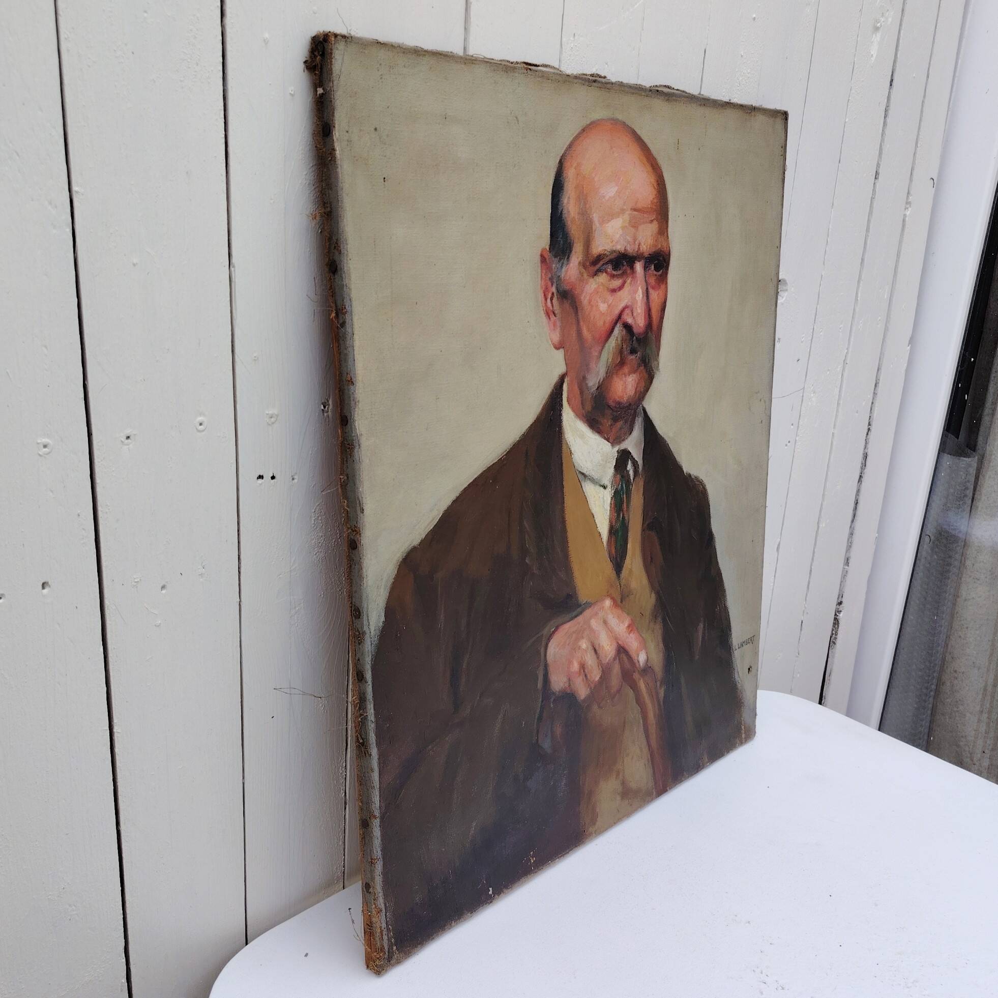Portrait of grandfather, oil on canvas, L. Lambert, vintage