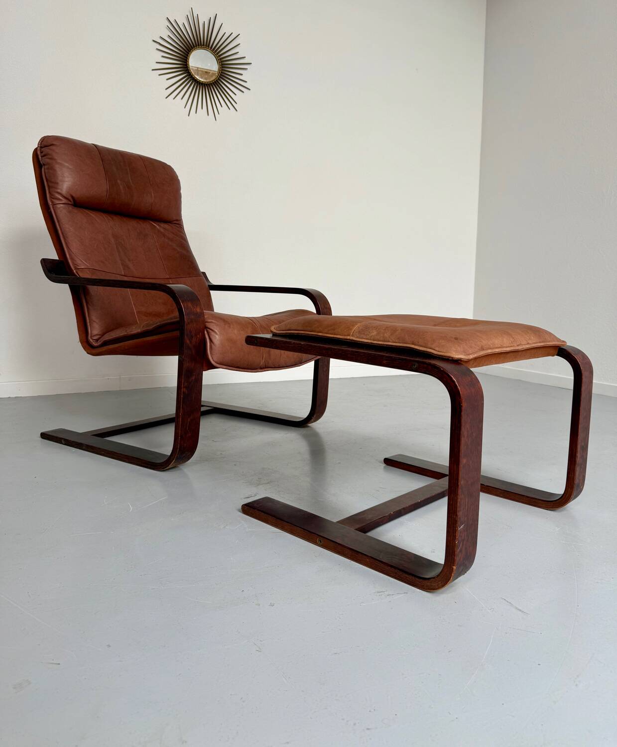 Yngve Ekström 70 Scandinavian design armchair with leather and wood ottoman