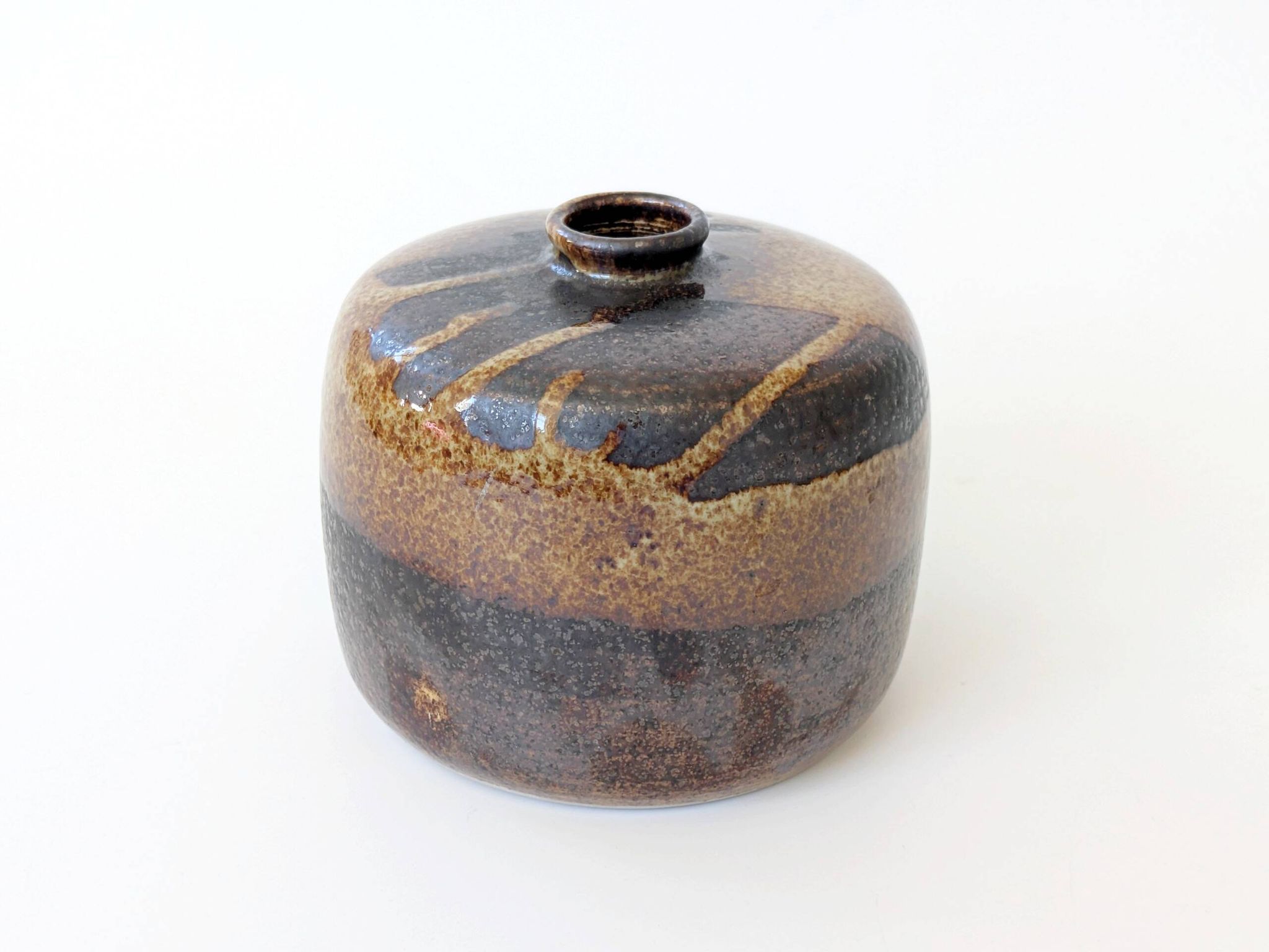 Round stoneware vase, brown and cream glaze, vintage handmade pottery