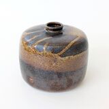 Round stoneware vase, brown and cream glaze, vintage handmade pottery