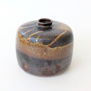 Round stoneware vase, brown and cream glaze, vintage handmade pottery