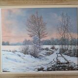 Rateau " Paysage enneigé " peinture HST encadrée