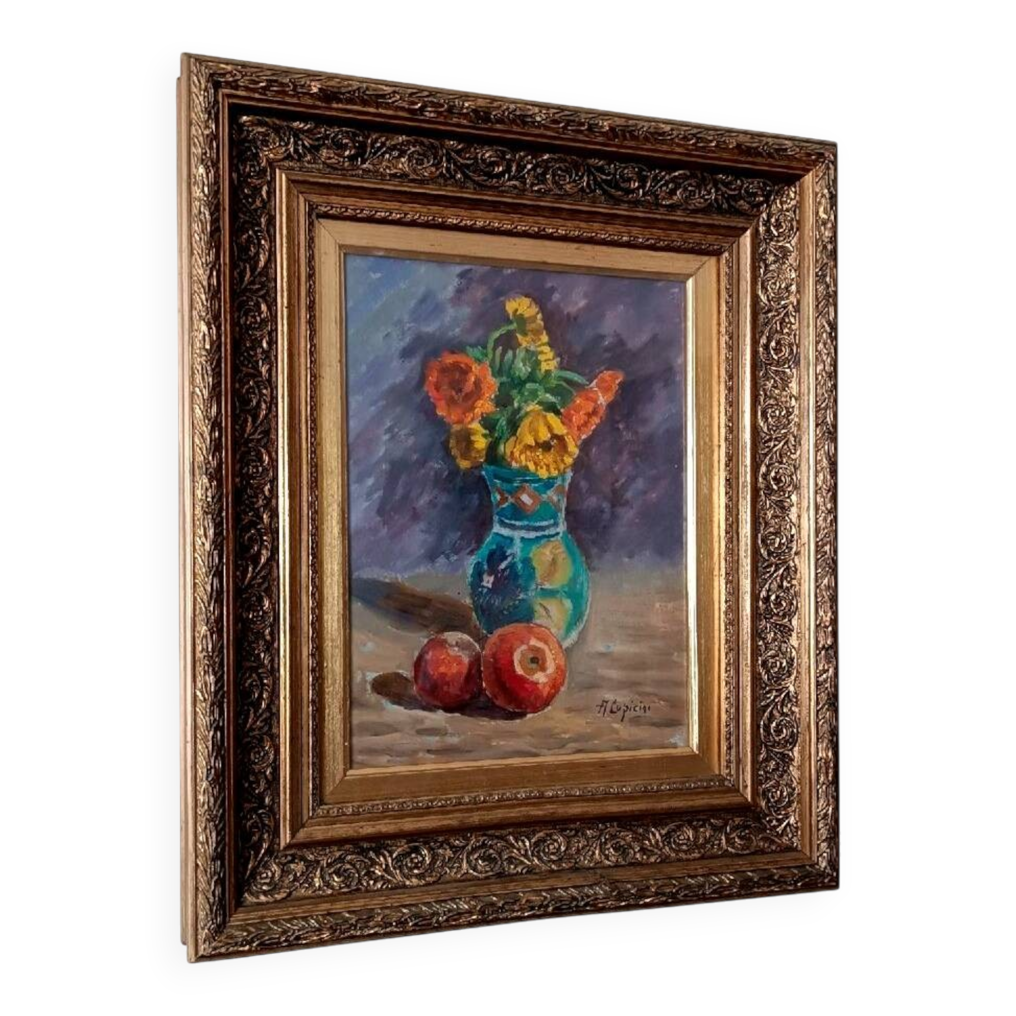 Still life painting vase with flowers by Lupicini - 1960s