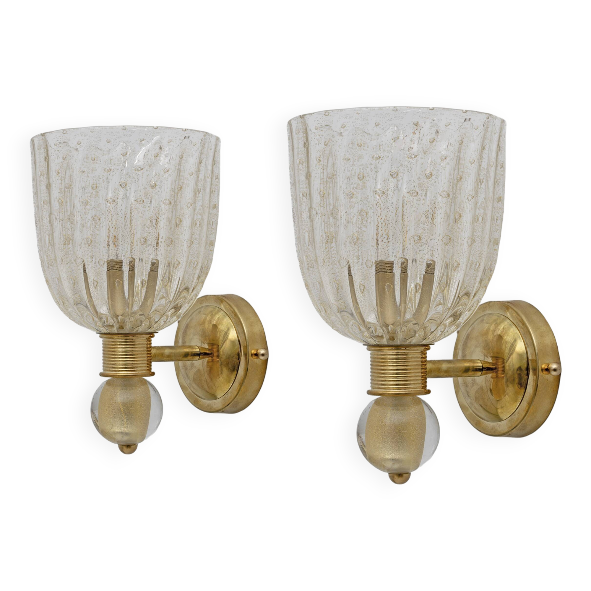Barovier & Toso style  Brass and Pulegoso Murano Glass Sconces, Pair