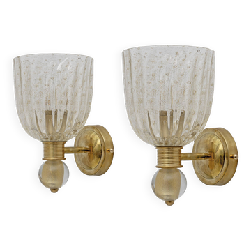 Barovier & Toso style  Brass and Pulegoso Murano Glass Sconces, Pair